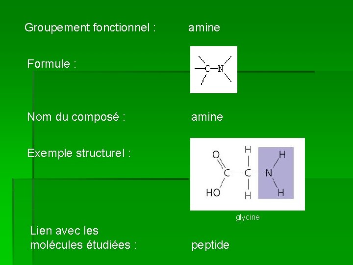 Groupement fonctionnel : amine Formule : Nom du composé : amine Exemple structurel :