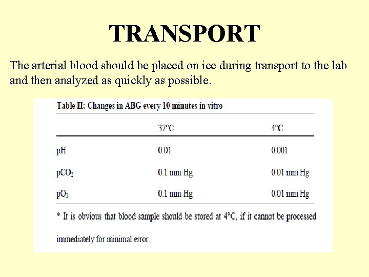 TRANSPORT The arterial blood should be placed on ice during transport to the lab