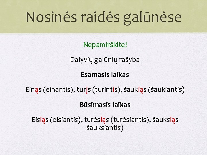 Nosinės raidės galūnėse Nepamirškite! Dalyvių galūnių rašyba Esamasis laikas Einąs (einantis), turįs (turintis), šaukiąs