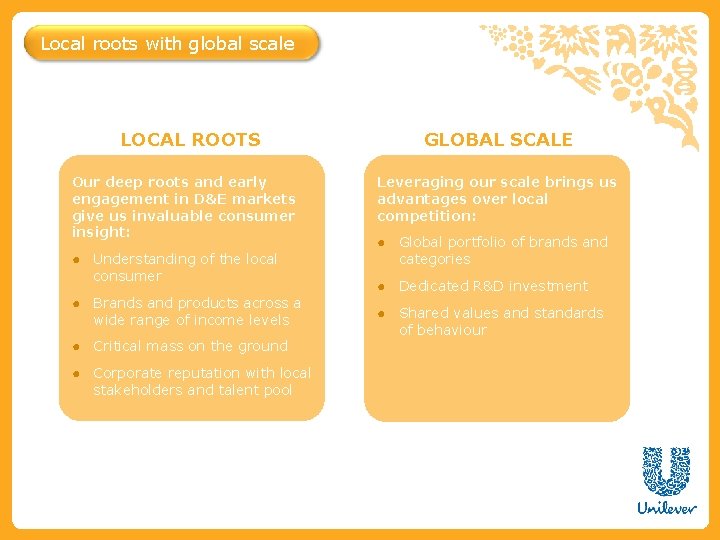 Local roots with global scale LOCAL ROOTS Our deep roots and early engagement in