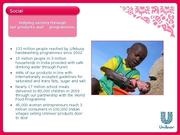 Social Helping society through our products and programmes. • 133 million people reached by