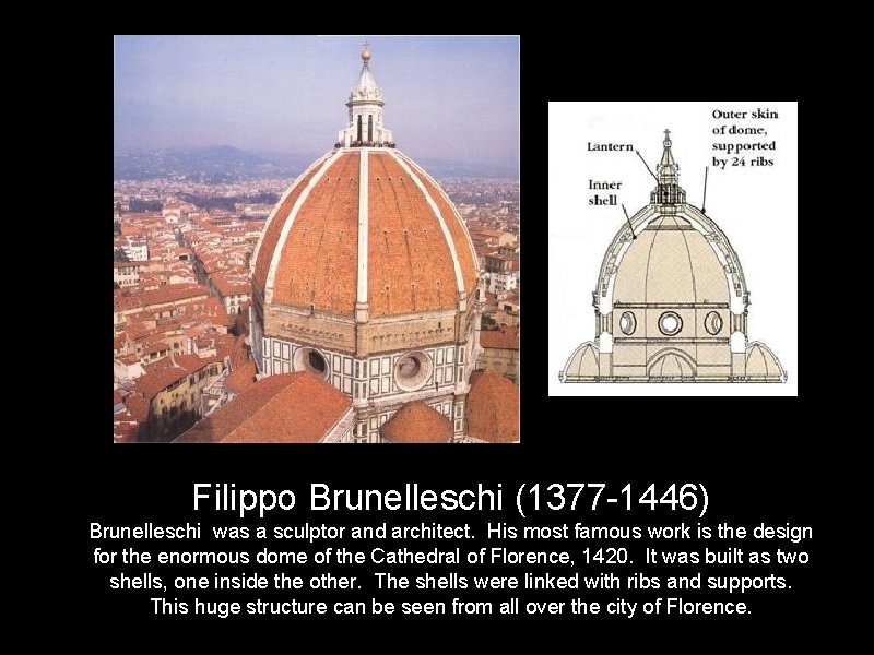 Filippo Brunelleschi (1377 -1446) Brunelleschi was a sculptor and architect. His most famous work