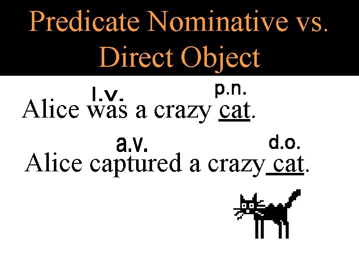 Predicate Nominative vs. Direct Object Alice was a crazy cat. Alice captured a crazy