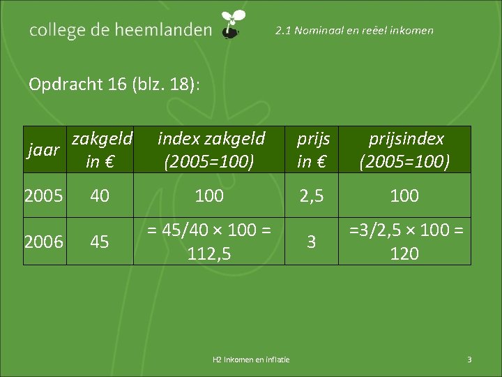 2. 1 Nominaal en reëel inkomen Opdracht 16 (blz. 18): zakgeld index zakgeld jaar