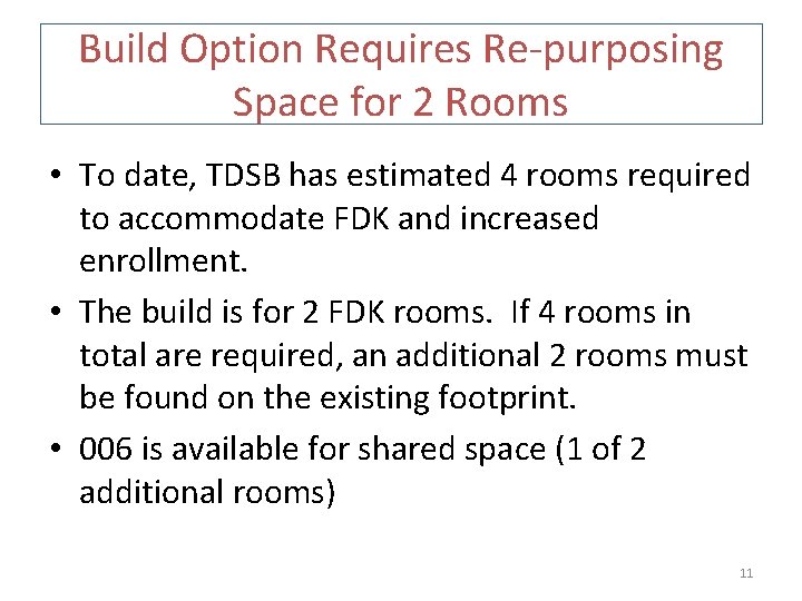 Build Option Requires Re-purposing Space for 2 Rooms • To date, TDSB has estimated
