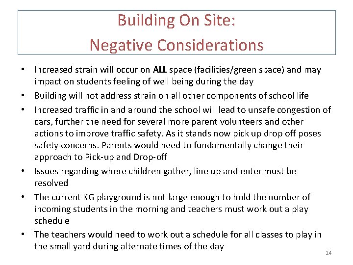 Building On Site: Negative Considerations • Increased strain will occur on ALL space (facilities/green