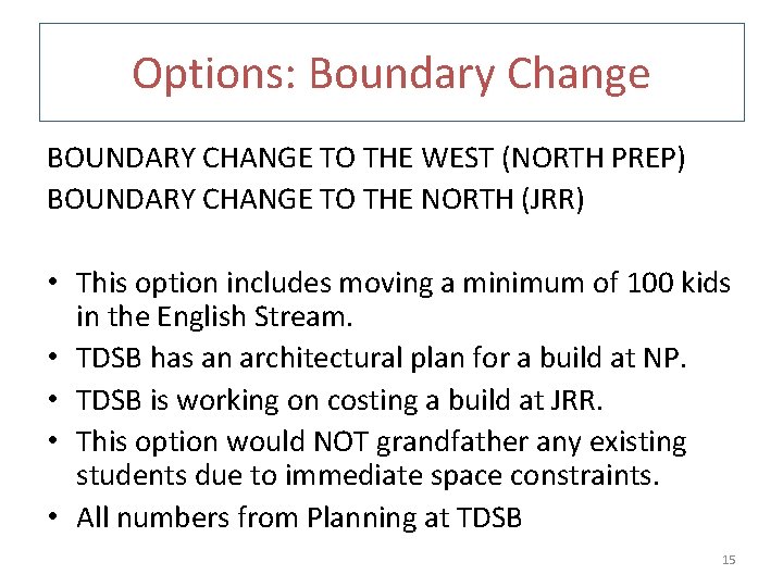 Options: Boundary Change BOUNDARY CHANGE TO THE WEST (NORTH PREP) BOUNDARY CHANGE TO THE