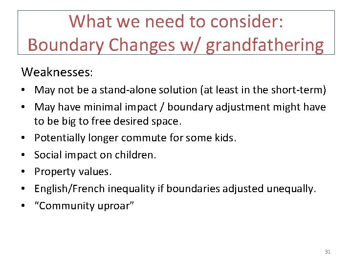 What we need to consider: Boundary Changes w/ grandfathering Weaknesses: • May not be