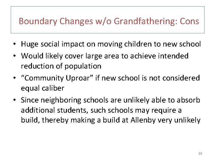  Boundary Changes w/o Grandfathering: Cons • Huge social impact on moving children to