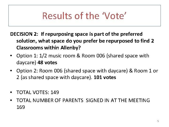 Results of the ‘Vote’ DECISION 2: If repurposing space is part of the preferred