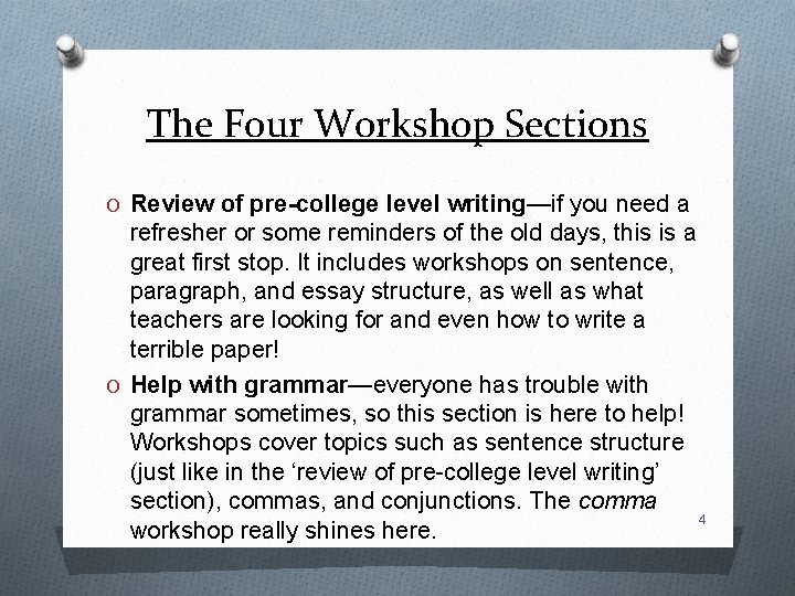 The Four Workshop Sections O Review of pre-college level writing—if you need a refresher