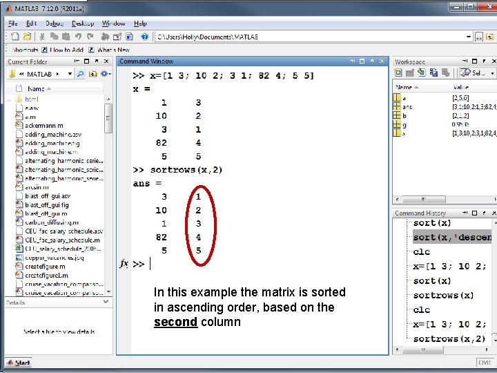 In this example the matrix is sorted in ascending order, based on the second