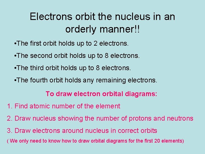 Electrons orbit the nucleus in an orderly manner!! • The first orbit holds up
