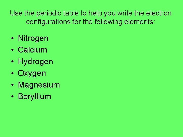 Use the periodic table to help you write the electron configurations for the following