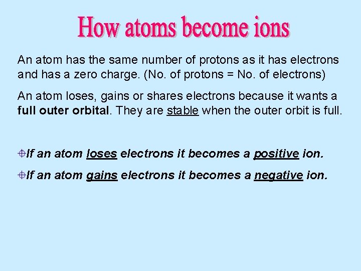 An atom has the same number of protons as it has electrons and has