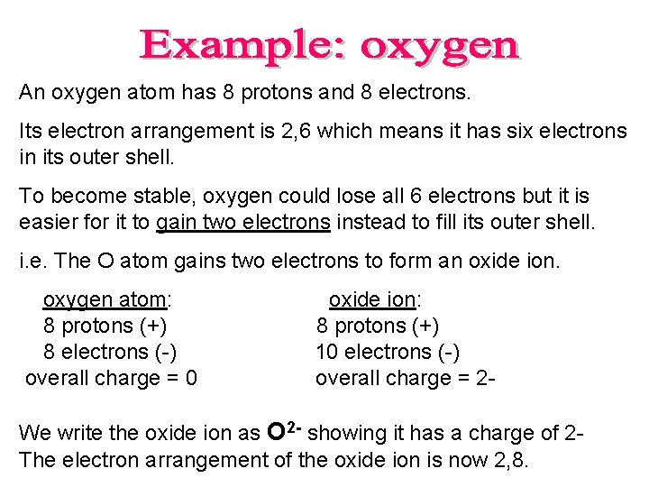 An oxygen atom has 8 protons and 8 electrons. Its electron arrangement is 2,