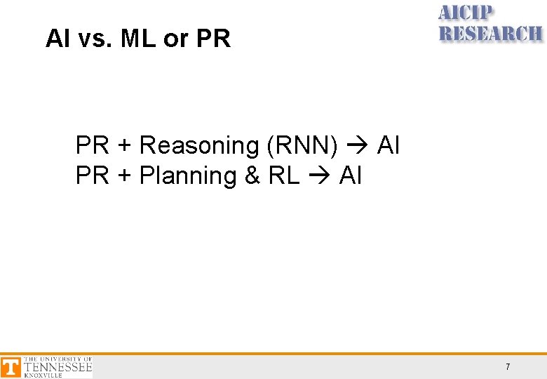 AI vs. ML or PR PR + Reasoning (RNN) AI PR + Planning &