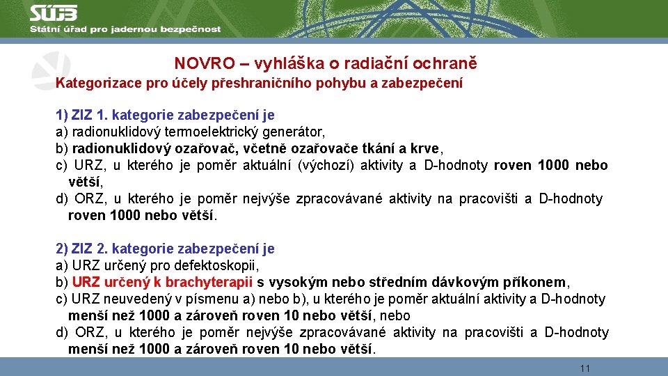 NOVRO – vyhláška o radiační ochraně Kategorizace pro účely přeshraničního pohybu a zabezpečení 1)