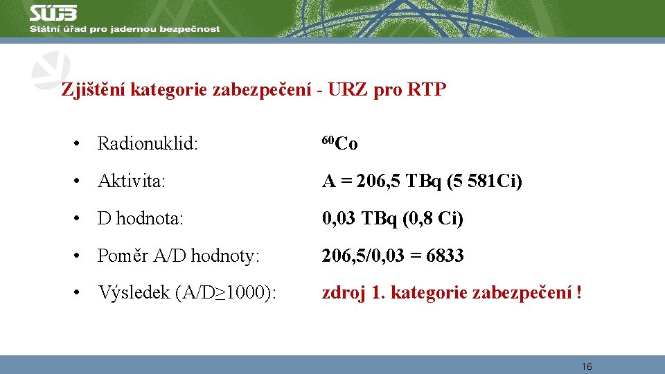 Zjištění kategorie zabezpečení - URZ pro RTP • Radionuklid: 60 Co • Aktivita: A