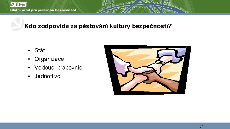Kdo zodpovídá za pěstování kultury bezpečnosti? • • Stát Organizace Vedoucí pracovníci Jednotlivci 34