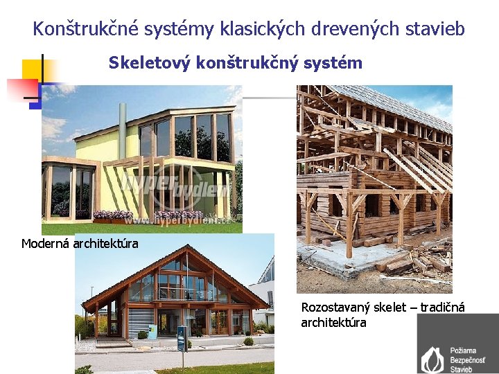 Konštrukčné systémy klasických drevených stavieb Skeletový konštrukčný systém Moderná architektúra Rozostavaný skelet – tradičná