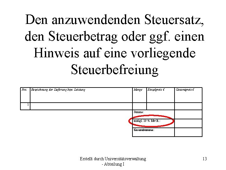 Den anzuwendenden Steuersatz, den Steuerbetrag oder ggf. einen Hinweis auf eine vorliegende Steuerbefreiung Pos.