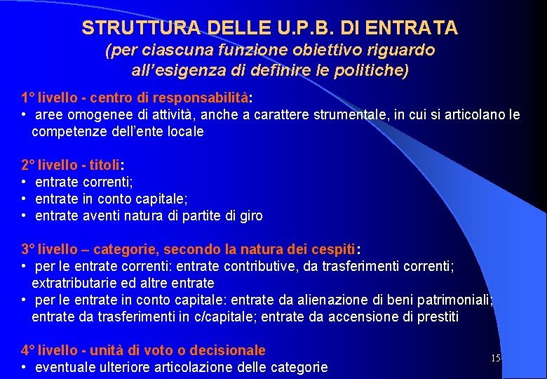 STRUTTURA DELLE U. P. B. DI ENTRATA (per ciascuna funzione obiettivo riguardo all’esigenza di