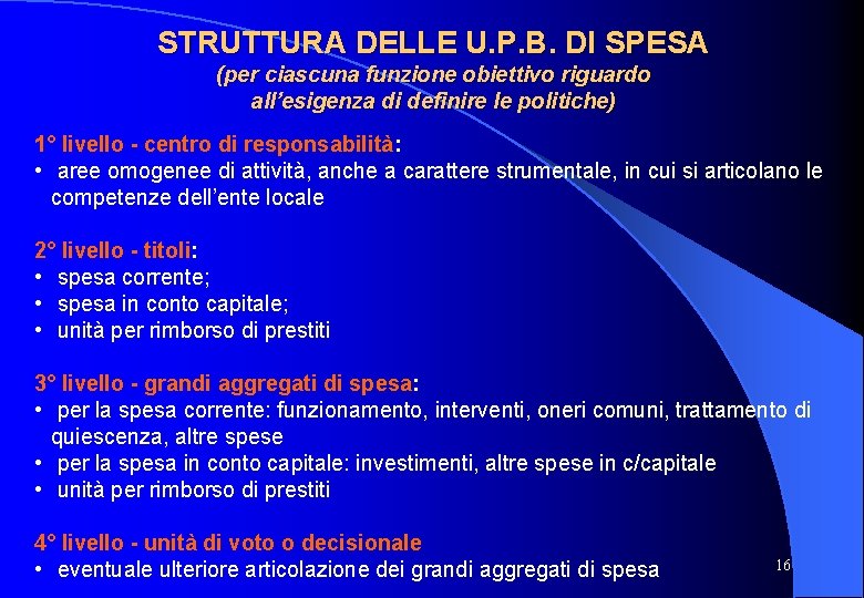 STRUTTURA DELLE U. P. B. DI SPESA (per ciascuna funzione obiettivo riguardo all’esigenza di