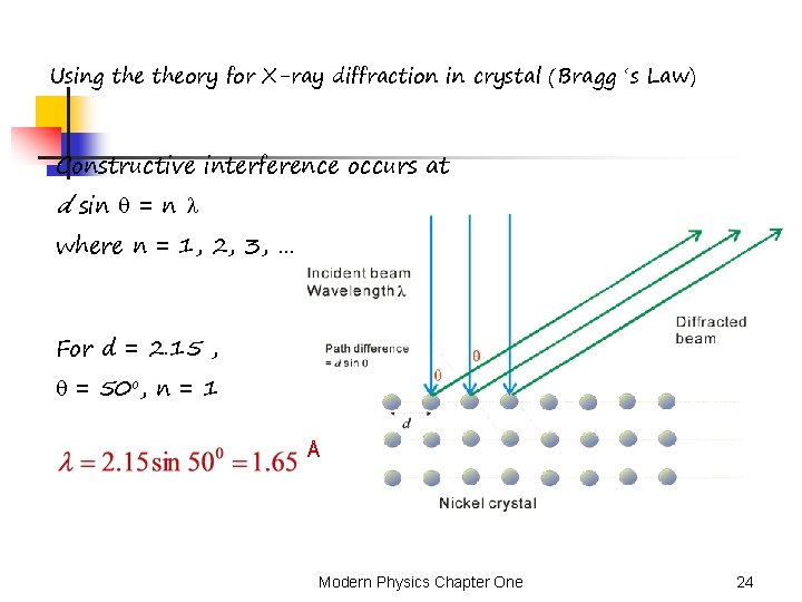 Using theory for X-ray diffraction in crystal (Bragg ‘s Law) Constructive interference occurs at