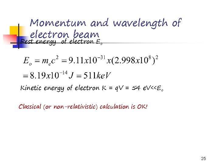 Momentum and wavelength of electron beam Rest energy of electron Eo Kinetic energy of