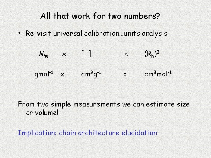 All that work for two numbers? • Re-visit universal calibration…units analysis Mw x [h]