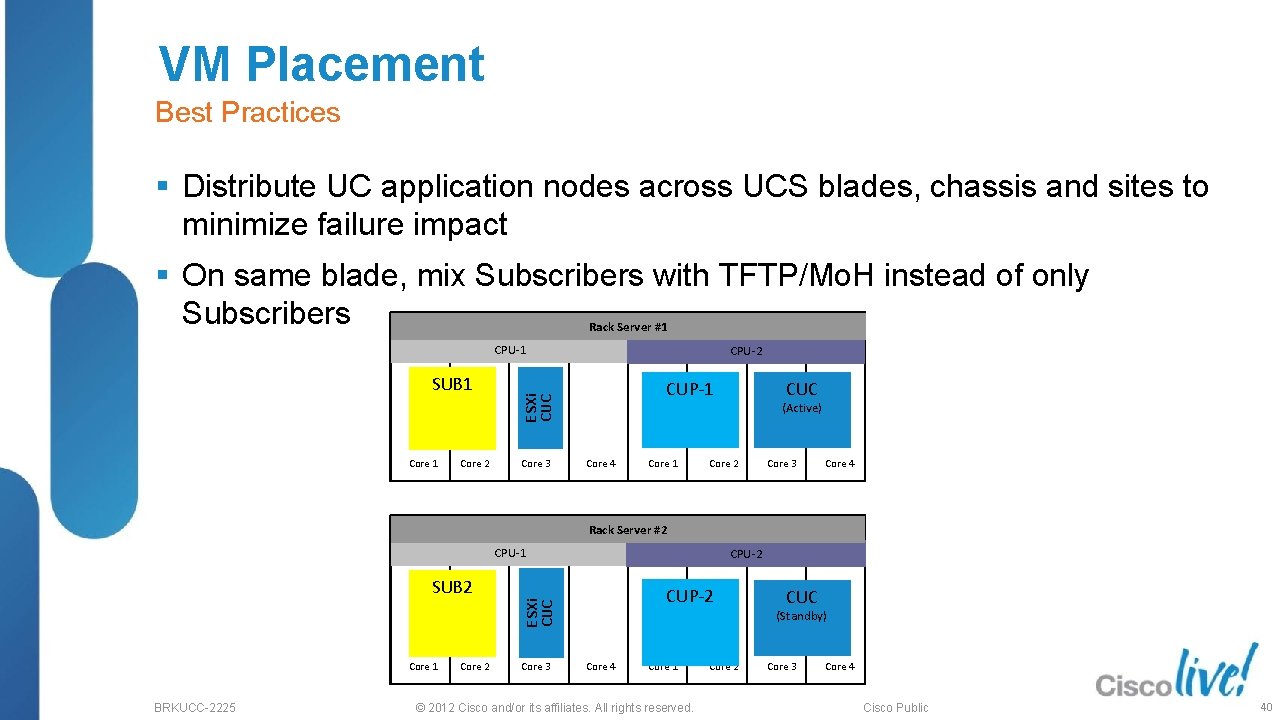 VM Placement Best Practices § Distribute UC application nodes across UCS blades, chassis and