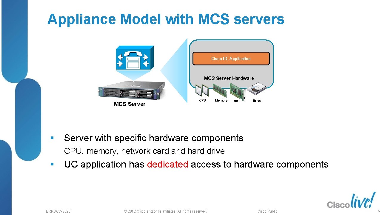 Appliance Model with MCS servers Cisco UC Application MCS Server Hardware MCS Server §