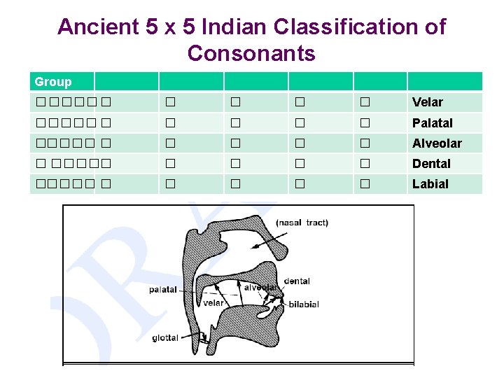 Ancient 5 x 5 Indian Classification of Consonants Group � ����� � � Velar