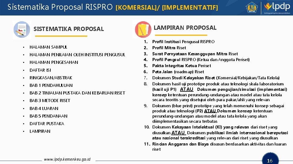 Sistematika Proposal RISPRO [KOMERSIAL]/ [IMPLEMENTATIF] LAMPIRAN PROPOSAL SISTEMATIKA PROPOSAL • HALAMAN SAMPUL • HALAMAN