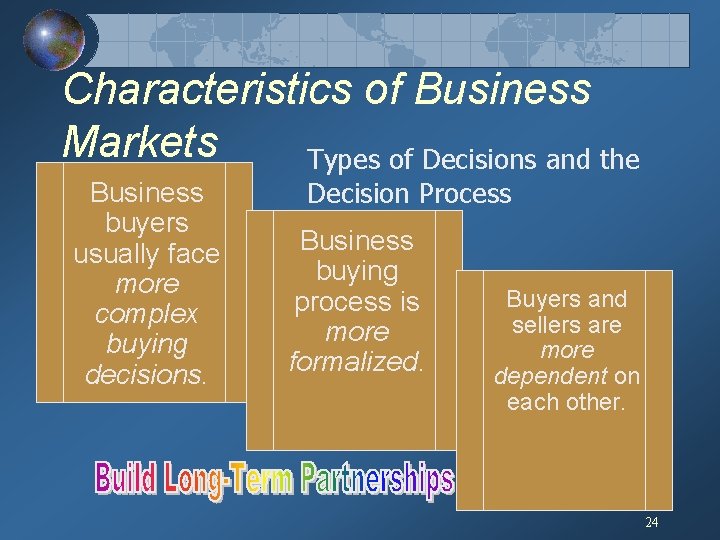 Characteristics of Business Markets Types of Decisions and the Business buyers usually face more