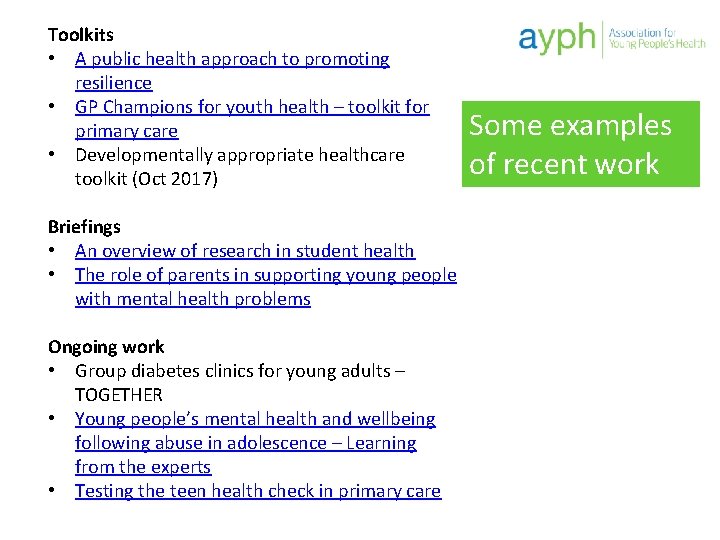 Toolkits • A public health approach to promoting resilience • GP Champions for youth
