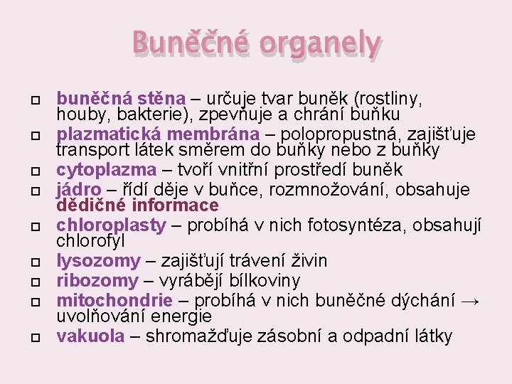 Buněčné organely buněčná stěna – určuje tvar buněk (rostliny, houby, bakterie), zpevňuje a chrání