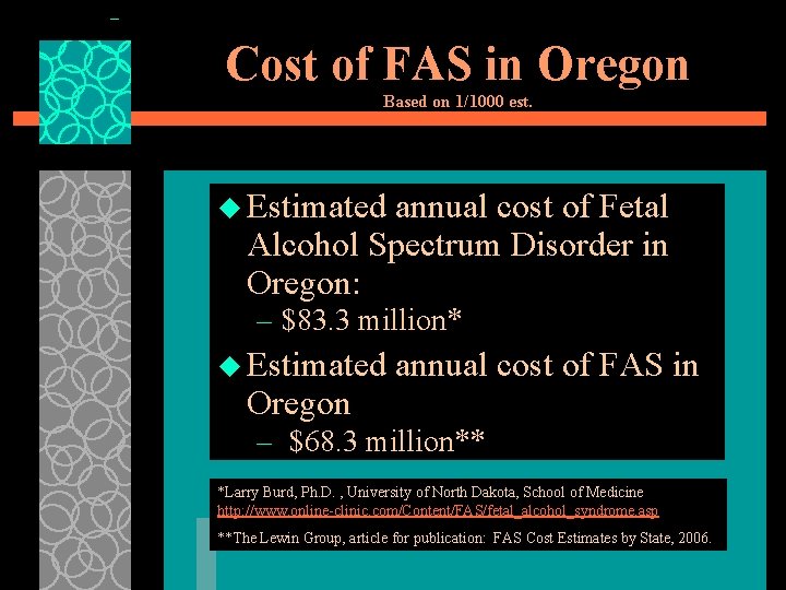 Cost of FAS in Oregon Based on 1/1000 est. u Estimated annual cost of
