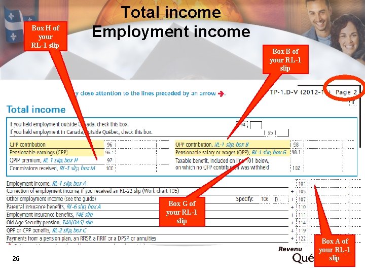 Box H of your RL-1 slip Total income Employment income Box B of your