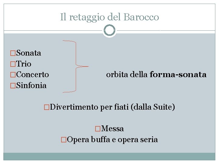 Il retaggio del Barocco �Sonata �Trio �Concerto orbita della forma-sonata �Sinfonia �Divertimento per fiati
