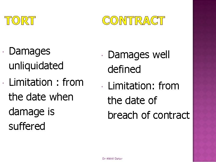 TORT Damages unliquidated Limitation : from the date when damage is suffered CONTRACT Damages