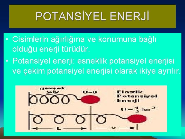 POTANSİYEL ENERJİ • Cisimlerin ağırlığına ve konumuna bağlı olduğu enerji türüdür. • Potansiyel enerji: