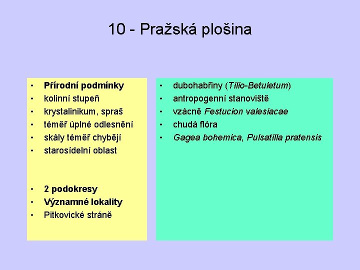 10 - Pražská plošina • • • Přírodní podmínky kolinní stupeň krystalinikum, spraš téměř