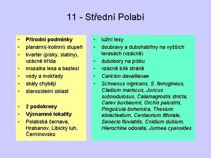 11 - Střední Polabí • • • Přírodní podmínky planární(-kolinní) stupeň kvartér (písky, slatiny),