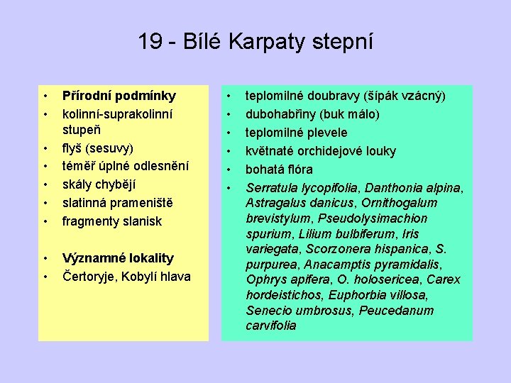 19 - Bílé Karpaty stepní • • Přírodní podmínky kolinní-suprakolinní stupeň flyš (sesuvy) téměř