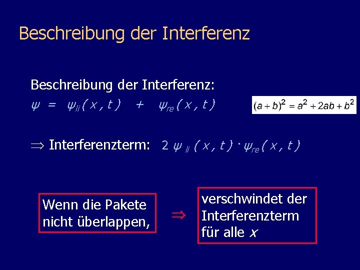 Beschreibung der Interferenz: ψ = ψli ( x , t ) + ψre (