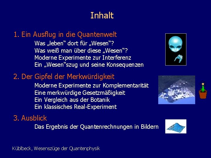 Inhalt 1. Ein Ausflug in die Quantenwelt Was „leben“ dort für „Wesen“? Was weiß