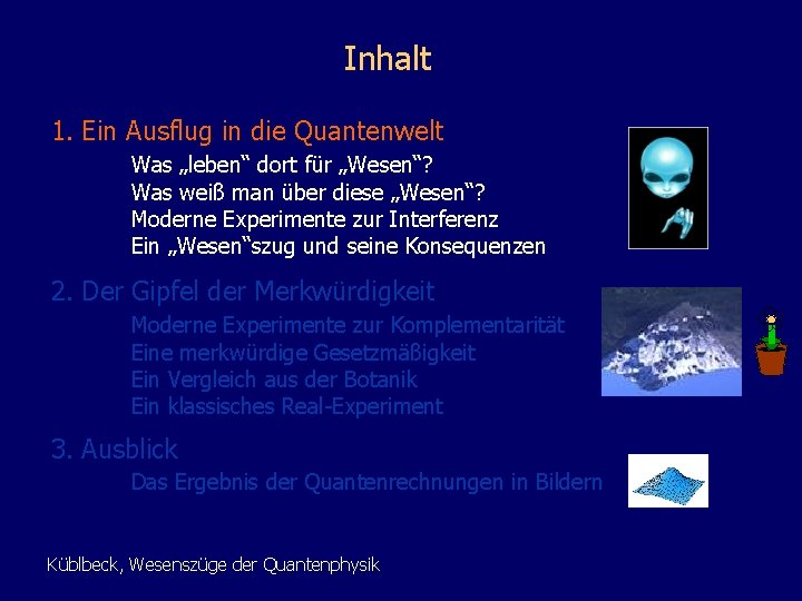 Inhalt 1. Ein Ausflug in die Quantenwelt Was „leben“ dort für „Wesen“? Was weiß