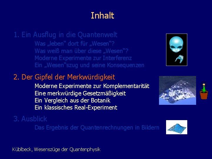Inhalt 1. Ein Ausflug in die Quantenwelt Was „leben“ dort für „Wesen“? Was weiß